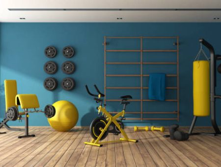 Blue home gym with punching boxer, bicycle and other fitness equipment - 3d rendering
Note: the room does not exist in reality, Property model is not necessary